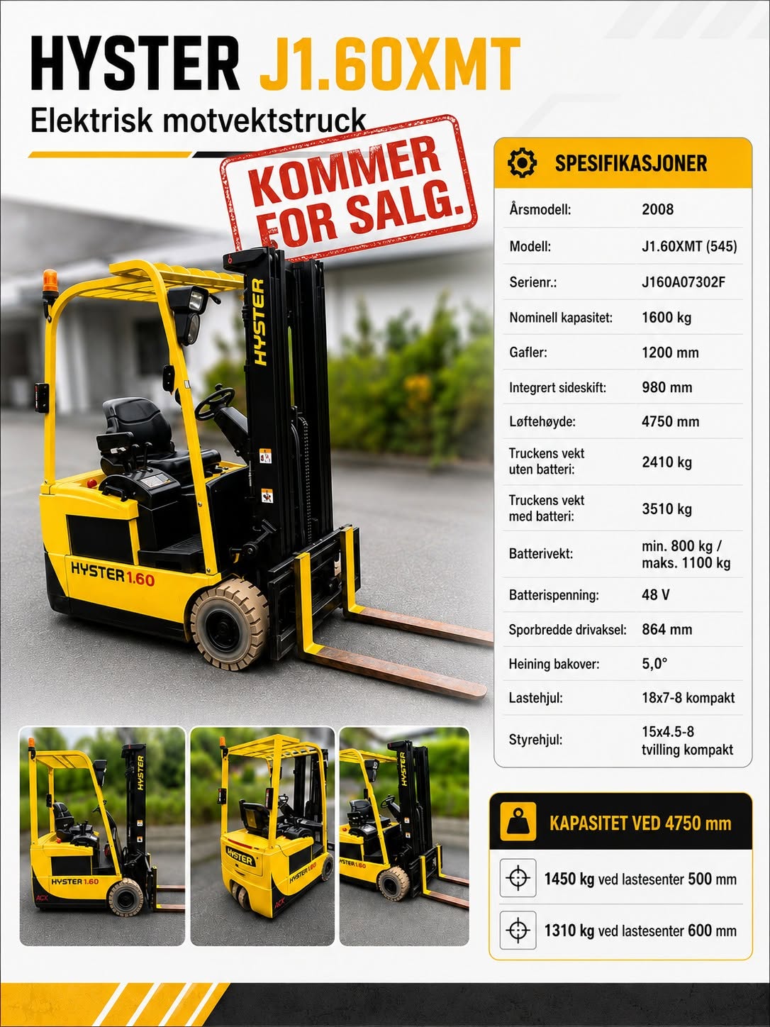 Hyster J1.60XMT elektrisk motvektstruck kommer for salg