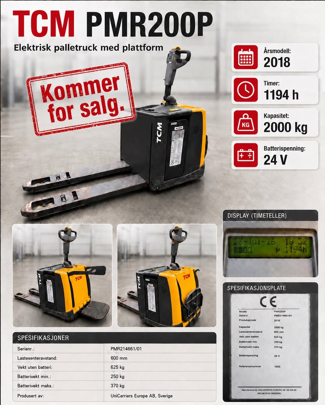 TCM PMR200P elektrisk palletruck med plattform kommer for salg